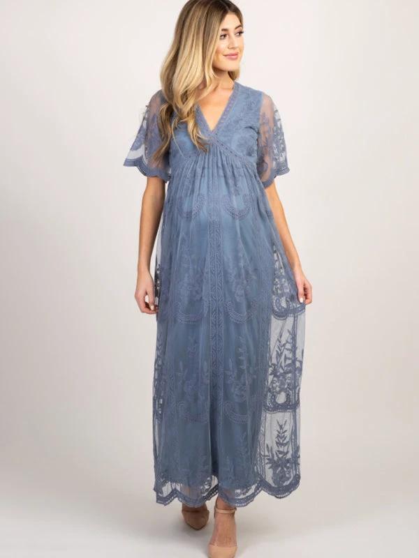 Maternity Lace Dress - Short Sleeve V-Neck High Waist Dress by Lady Ros