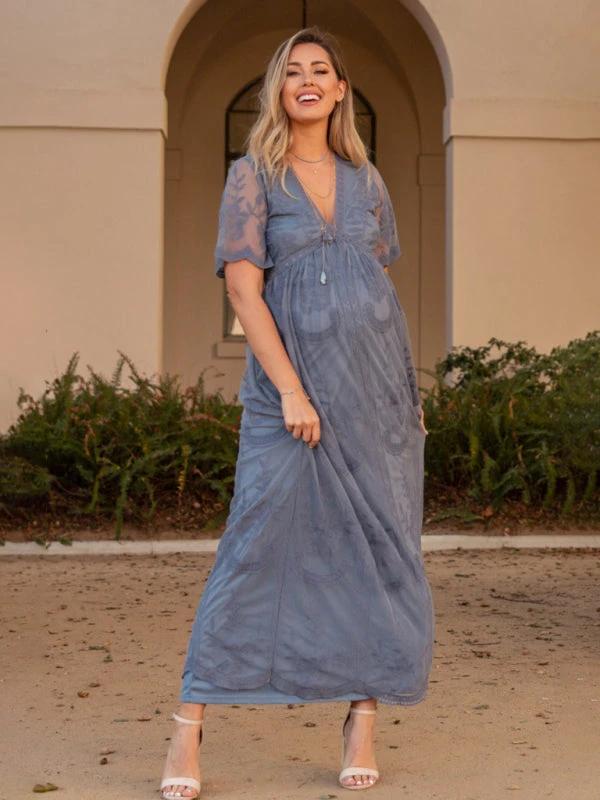 Maternity Lace Dress - Short Sleeve V-Neck High Waist Dress by Lady Ros