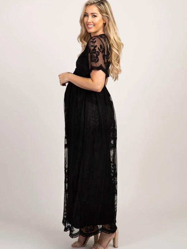 Maternity Lace Dress - Short Sleeve V-Neck High Waist Dress by Lady Ros