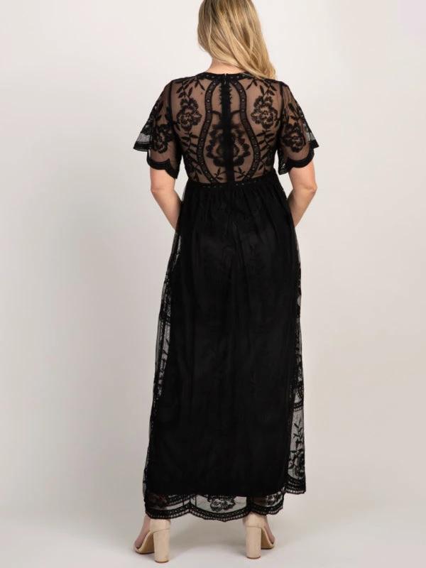 Maternity Lace Dress - Short Sleeve V-Neck High Waist Dress by Lady Ros