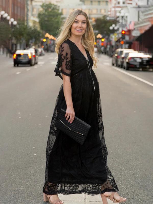 Maternity Lace Dress - Short Sleeve V-Neck High Waist Dress by Lady Ros