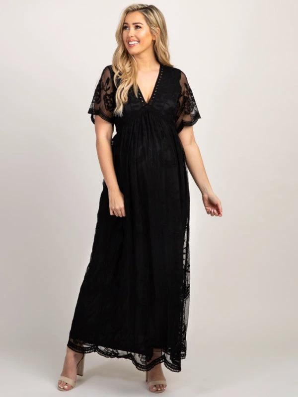 Maternity Lace Dress - Short Sleeve V-Neck High Waist Dress by Lady Ros