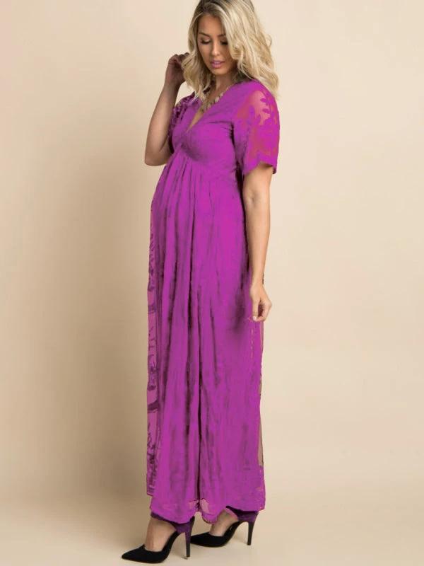 Maternity Lace Dress - Short Sleeve V-Neck High Waist Dress by Lady Ros