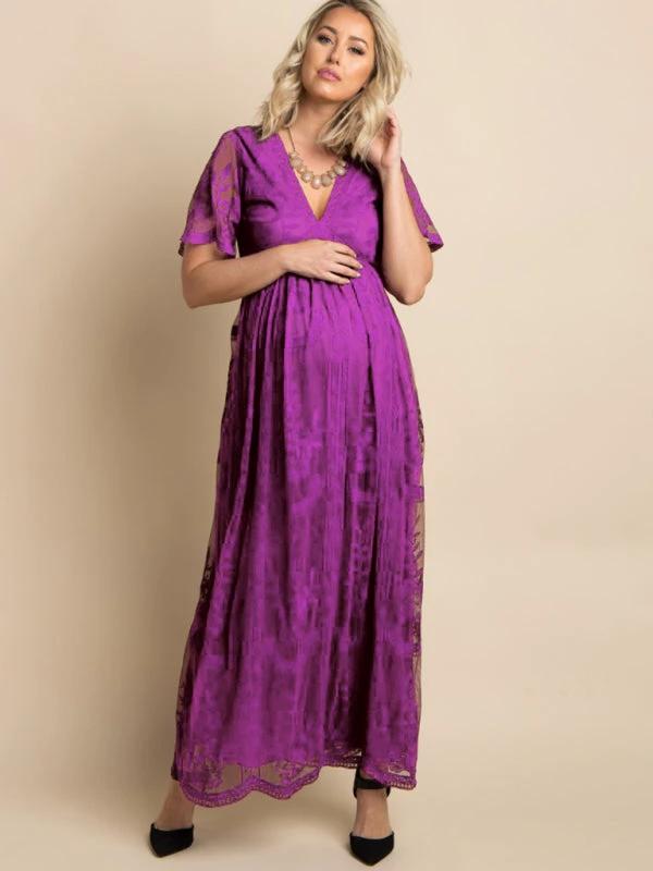 Maternity Lace Dress - Short Sleeve V-Neck High Waist Dress by Lady Ros