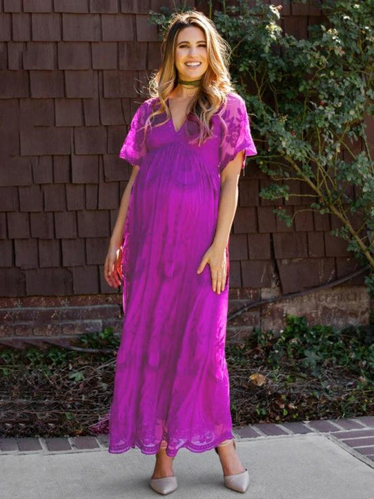Maternity Lace Dress - Short Sleeve V-Neck High Waist Dress by Lady Ros