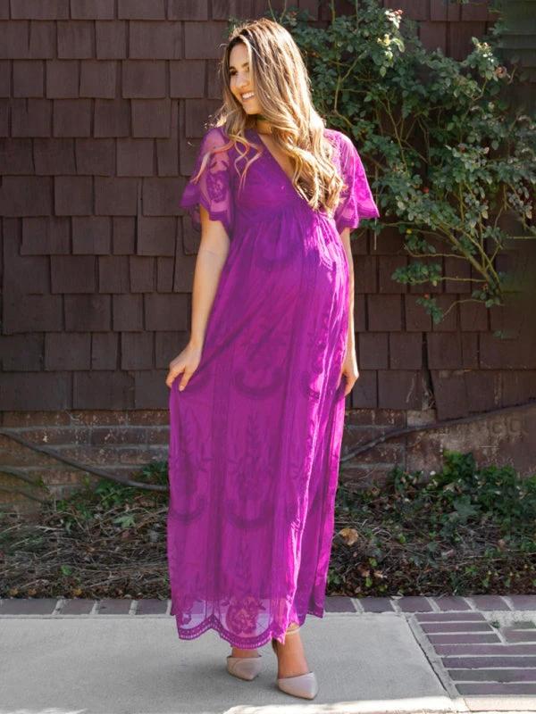 Maternity Lace Dress - Short Sleeve V-Neck High Waist Dress by Lady Ros