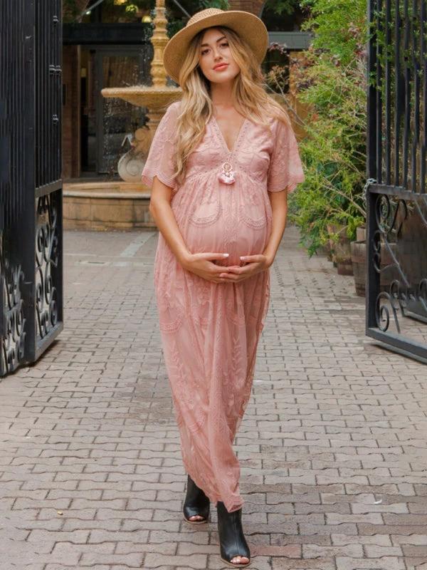 Maternity Lace Dress - Short Sleeve V-Neck High Waist Dress by Lady Ros