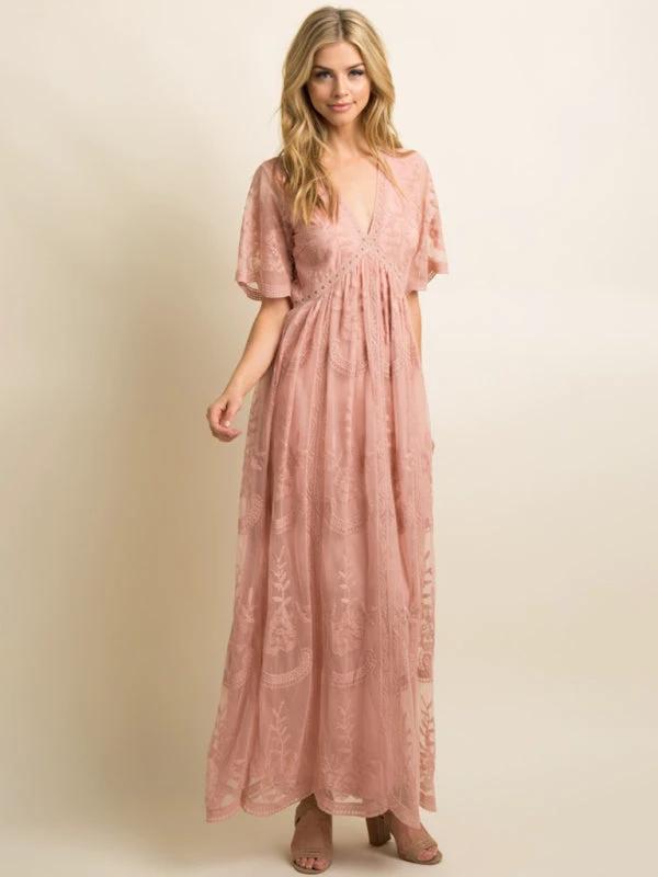 Maternity Lace Dress - Short Sleeve V-Neck High Waist Dress by Lady Ros