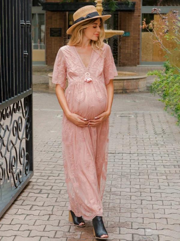 Maternity Lace Dress - Short Sleeve V-Neck High Waist Dress by Lady Ros