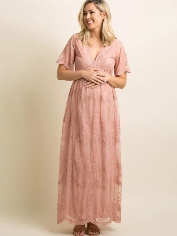 Maternity Lace Dress - Short Sleeve V-Neck High Waist Dress by Lady Ros
