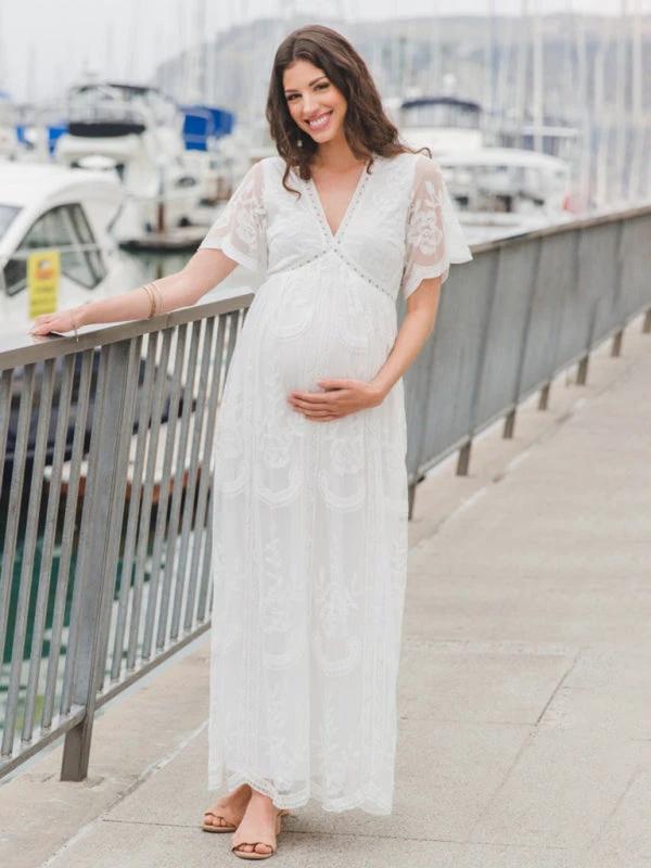Maternity Lace Dress - Short Sleeve V-Neck High Waist Dress by Lady Ros
