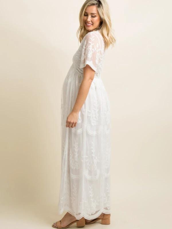 Maternity Lace Dress - Short Sleeve V-Neck High Waist Dress by Lady Ros