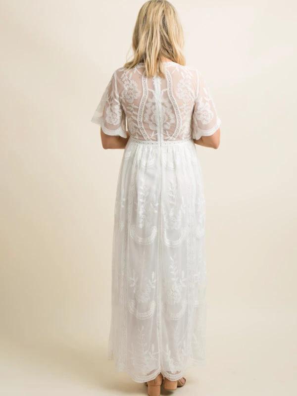Maternity Lace Dress - Short Sleeve V-Neck High Waist Dress by Lady Ros