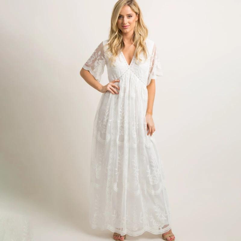 Maternity Lace Dress - Short Sleeve V-Neck High Waist Dress by Lady Ros