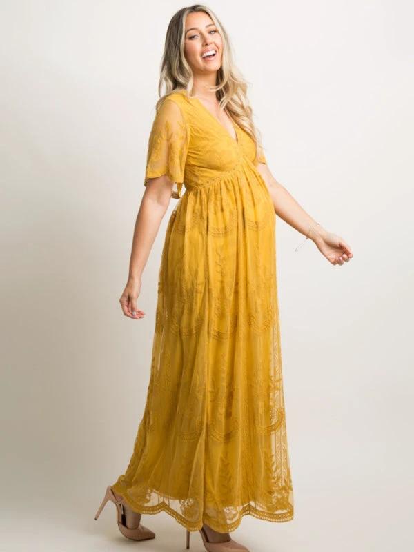 Maternity Lace Dress - Short Sleeve V-Neck High Waist Dress by Lady Ros