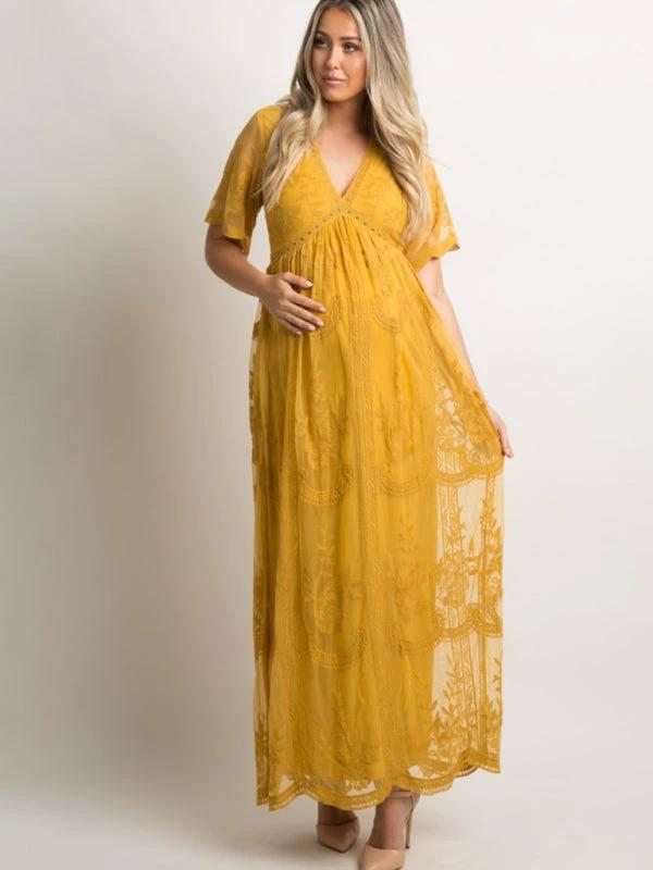 Maternity Lace Dress - Short Sleeve V-Neck High Waist Dress by Lady Ros