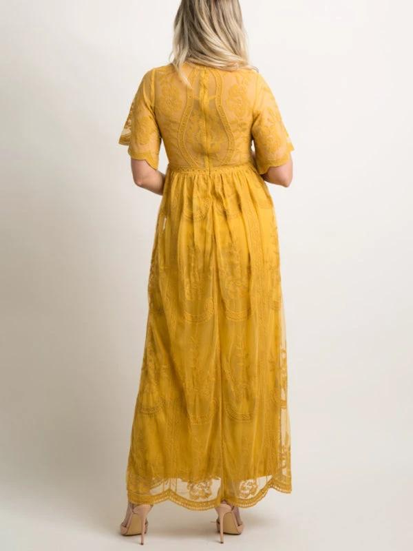 Maternity Lace Dress - Short Sleeve V-Neck High Waist Dress by Lady Ros