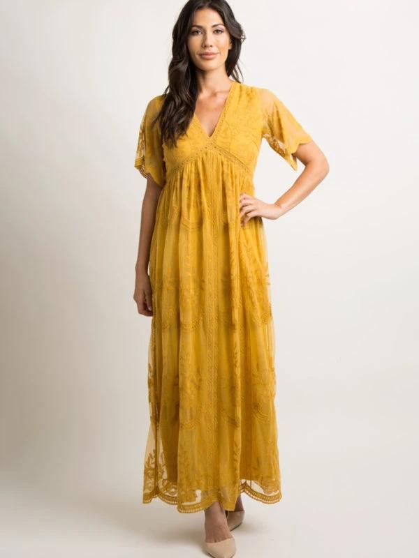 Maternity Lace Dress - Short Sleeve V-Neck High Waist Dress by Lady Ros