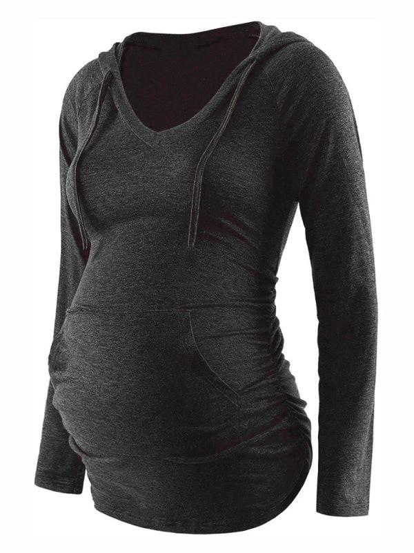 Maternity solid color hooded pocket long-sleeved T-shirt by Lady Ros