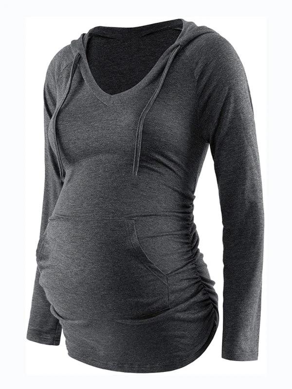 Maternity solid color hooded pocket long-sleeved T-shirt by Lady Ros