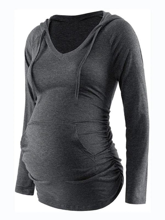 Maternity solid color hooded pocket long-sleeved T-shirt by Lady Ros