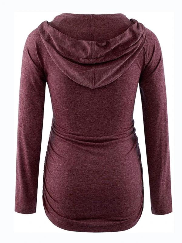 Maternity solid color hooded pocket long-sleeved T-shirt by Lady Ros