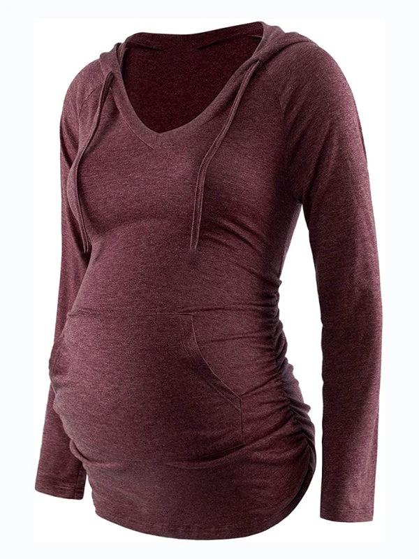 Maternity solid color hooded pocket long-sleeved T-shirt by Lady Ros