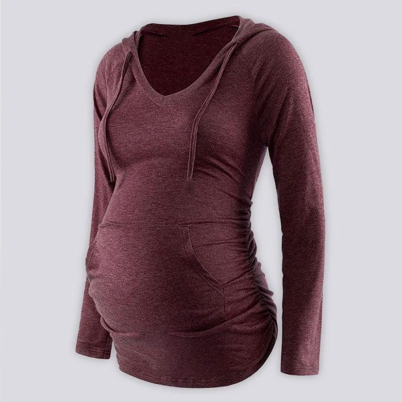 Maternity solid color hooded pocket long-sleeved T-shirt by Lady Ros