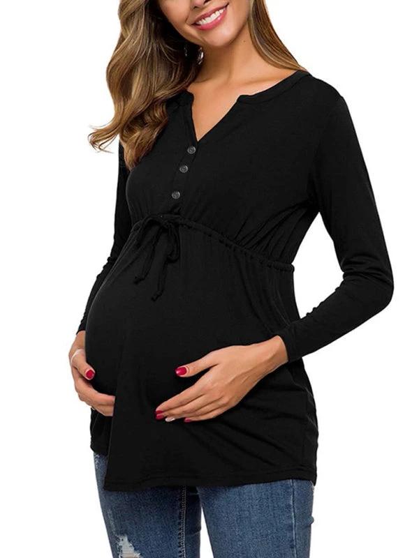 Maternity Cardigan - Long Sleeve V-Neck Drawstring Button Top by Lady Ros