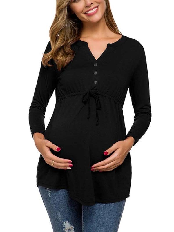 Maternity Cardigan - Long Sleeve V-Neck Drawstring Button Top by Lady Ros