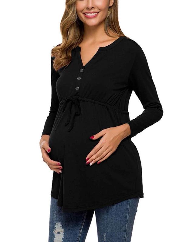 Maternity Cardigan - Long Sleeve V-Neck Drawstring Button Top by Lady Ros