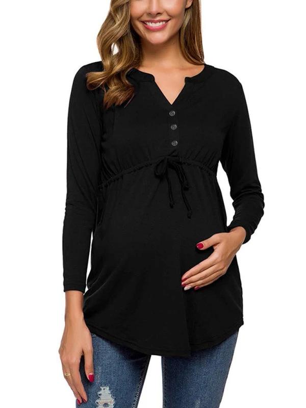 Maternity Cardigan - Long Sleeve V-Neck Drawstring Button Top by Lady Ros