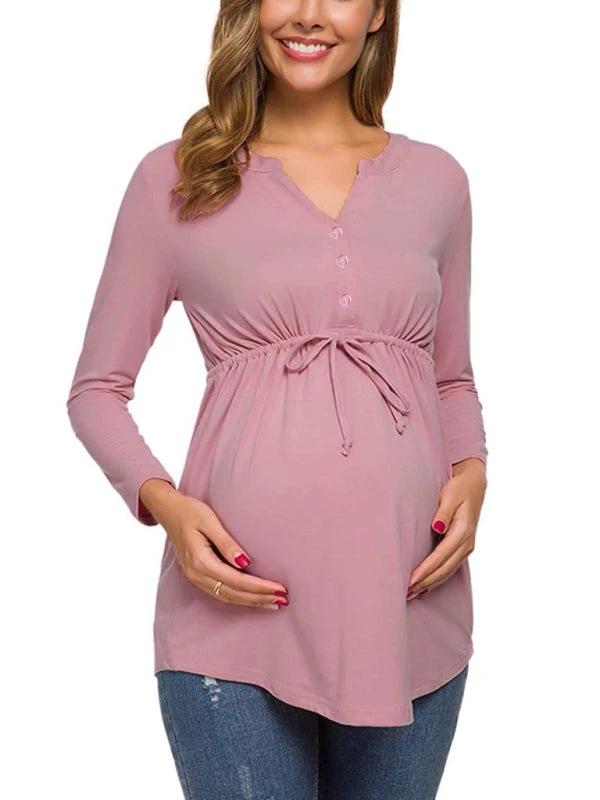 Maternity Cardigan - Long Sleeve V-Neck Drawstring Button Top by Lady Ros