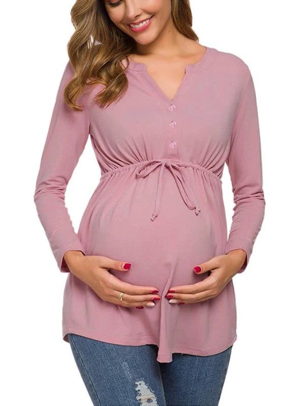 Maternity Cardigan - Long Sleeve V-Neck Drawstring Button Top by Lady Ros