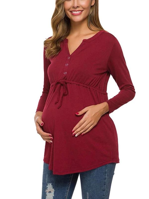 Maternity Cardigan - Long Sleeve V-Neck Drawstring Button Top by Lady Ros