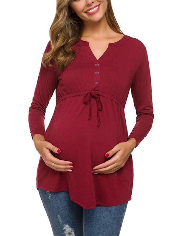 Maternity Cardigan - Long Sleeve V-Neck Drawstring Button Top by Lady Ros