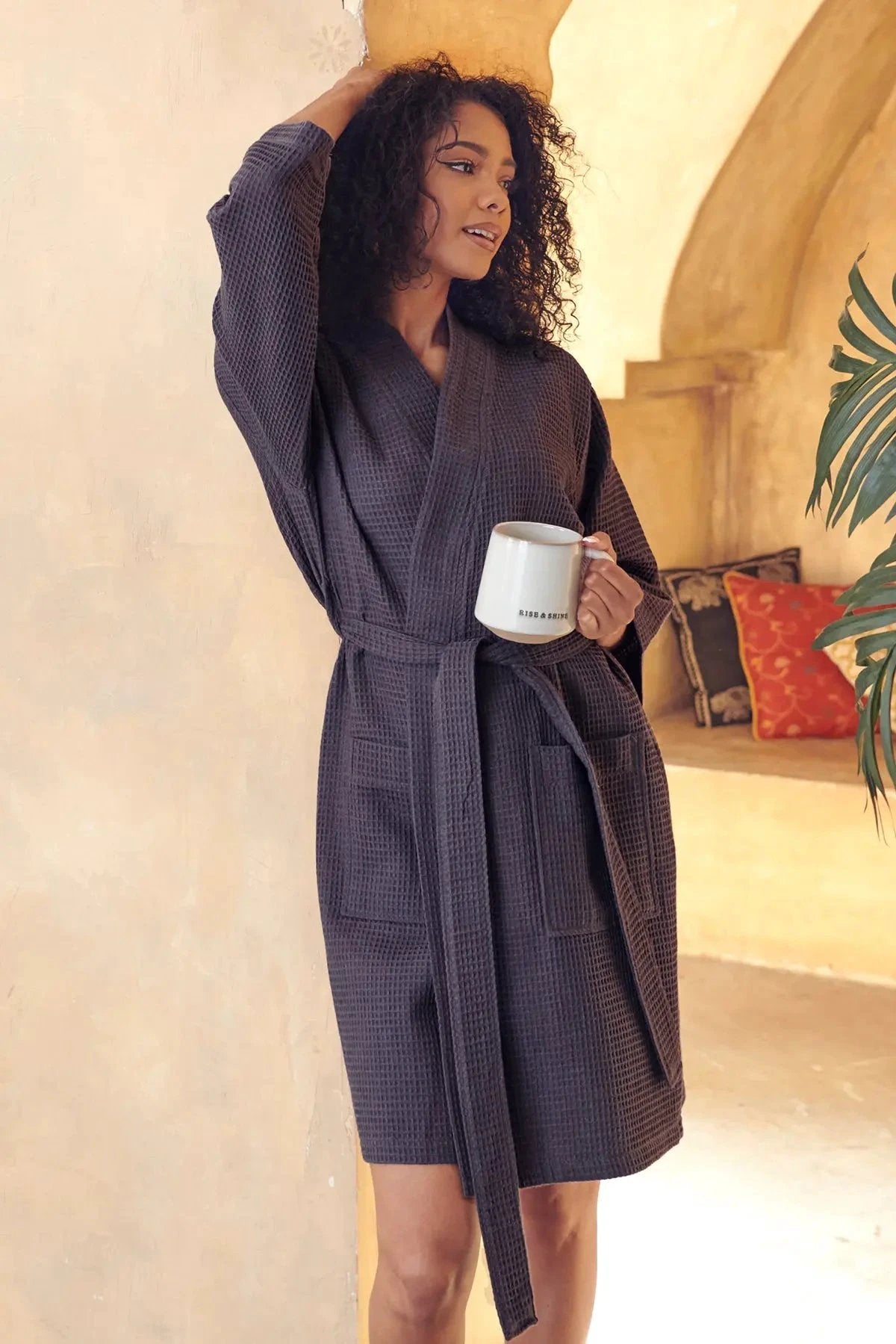 Knee-Length Waffle Kimono Robe for Women by Lotus Linen