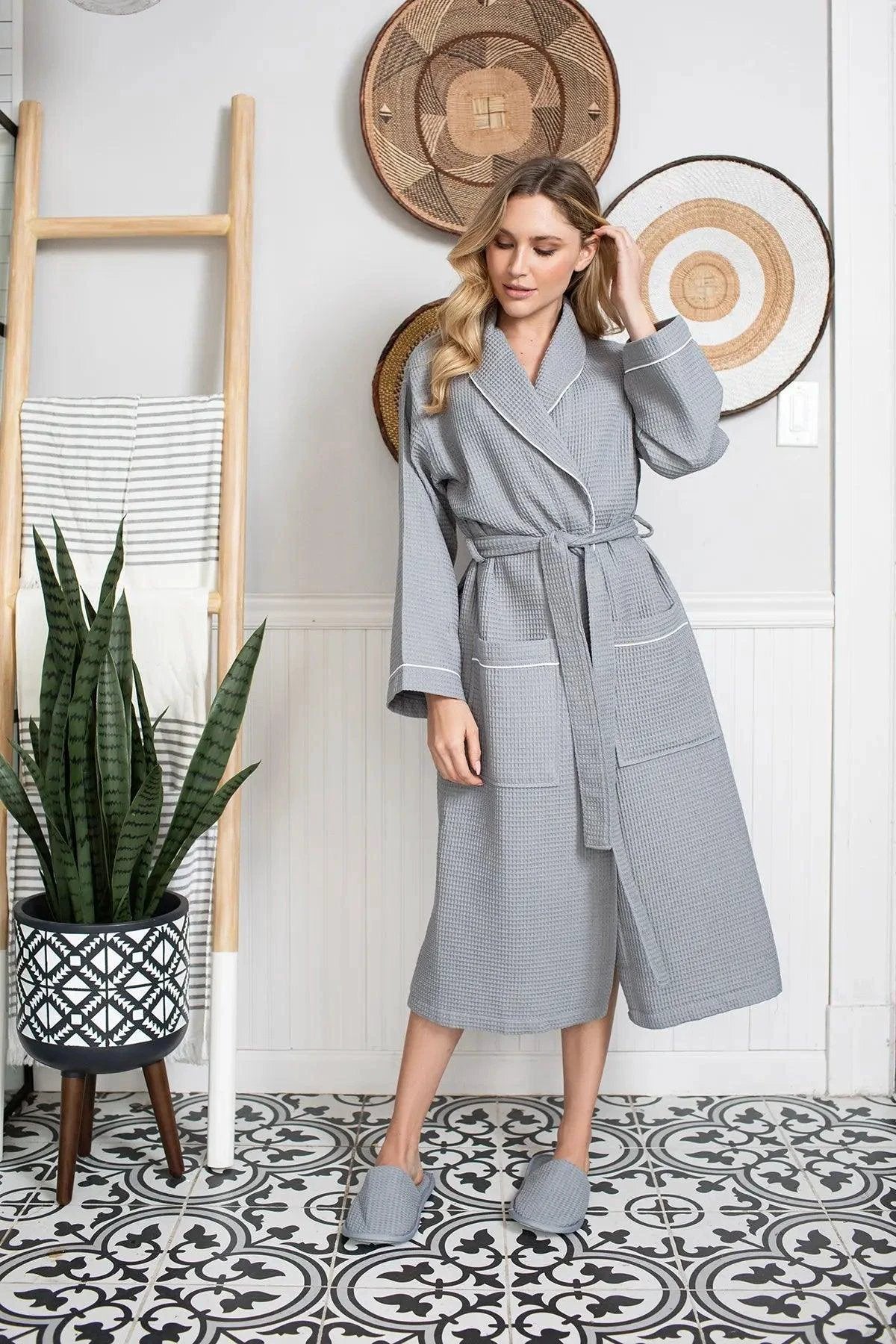 Women’s Waffle Piping Bathrobe – Lightweight Spa-Style Comfort by Lotus Linen