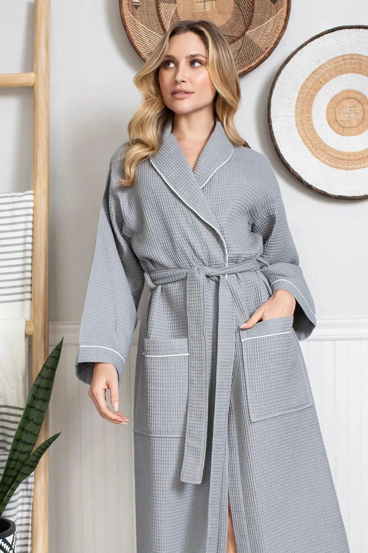 Women’s Waffle Piping Bathrobe – Lightweight Spa-Style Comfort by Lotus Linen